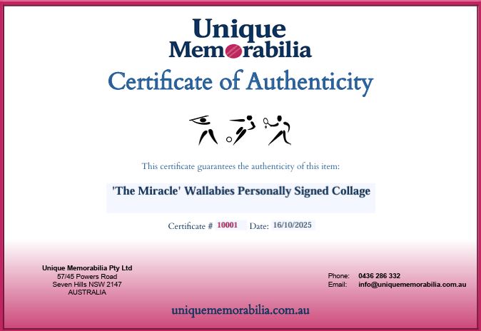 Load image into Gallery viewer, Certificate of Authenticity for &#39;The Miracle&#39; Wallabies Personally Signed Collage, from Unique Memorabilia. 
