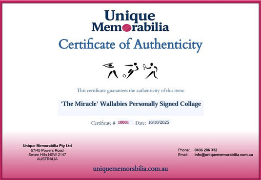 Certificate of Authenticity for 'The Miracle' Wallabies Personally Signed Collage, from Unique Memorabilia. 