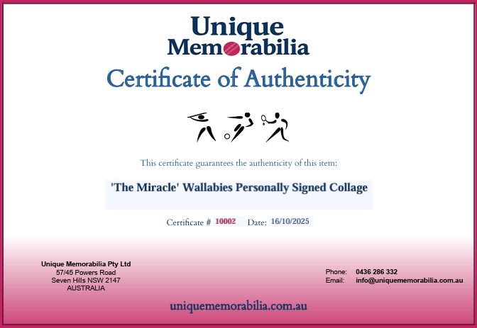 Load image into Gallery viewer, Certificate of Authenticity for &#39;The Miracle&#39; Wallabies Personally Signed Collage by Unique Memorabilia.
