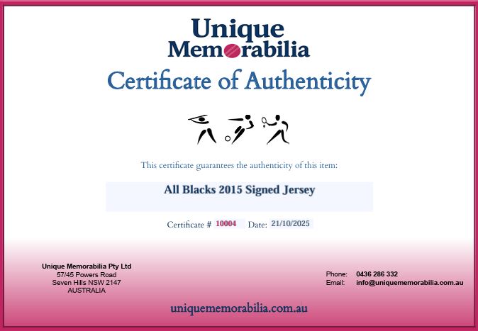 Load image into Gallery viewer, Certificate of Authenticity for All Blacks 2015 Signed Jersey, from Unique Memorabilia. 
