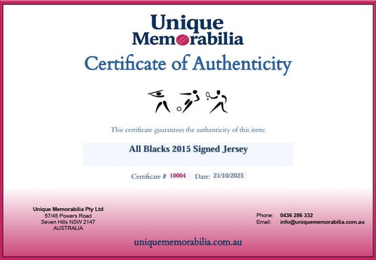Certificate of Authenticity for All Blacks 2015 Signed Jersey, from Unique Memorabilia. 