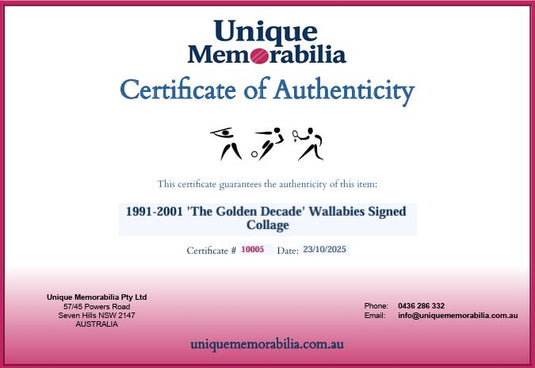 Certificate of Authenticity for 1991-2001 'The Golden Decade' Wallabies Signed Collage, from Unique Memorabilia. 