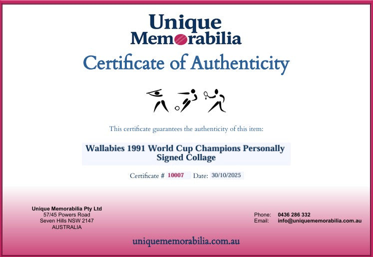 Load image into Gallery viewer, Certificate of Authenticity for Wallabies 1991 World Cup Champions Personally Signed Collage, from Unique Memorabilia. 
