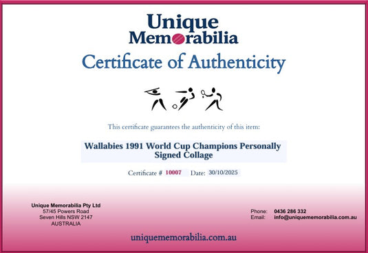 Certificate of Authenticity for Wallabies 1991 World Cup Champions Personally Signed Collage, from Unique Memorabilia. 