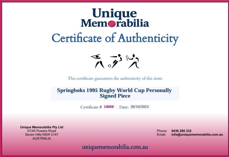 Load image into Gallery viewer, Certificate of Authenticity for Springboks 1995 Rugby World Cup Personally Signed Piece, Framed. From Unique Memorabilia. 
