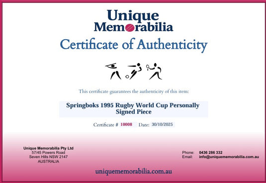 Certificate of Authenticity for Springboks 1995 Rugby World Cup Personally Signed Piece, Framed. From Unique Memorabilia. 