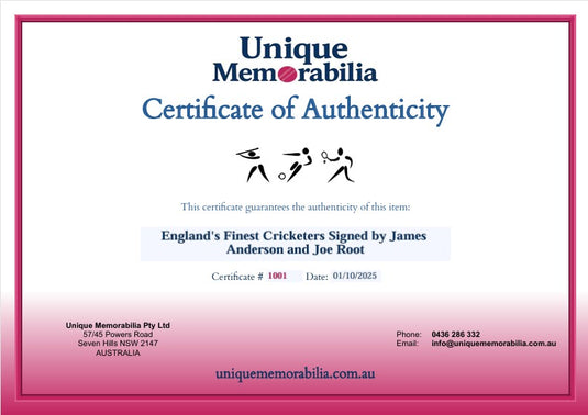 Certificate of Authenticity for England's Finest Cricketers Signed by James Anderson and Joe Root