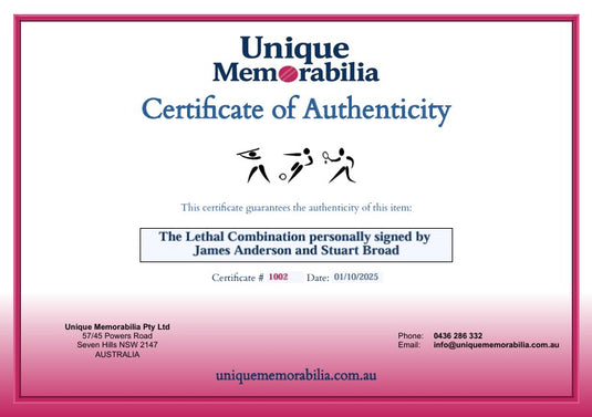Certificate of Authenticity for The Lethal Combination personally signed by James Anderson and Stuart Broad, from Unique Memorabilia. 