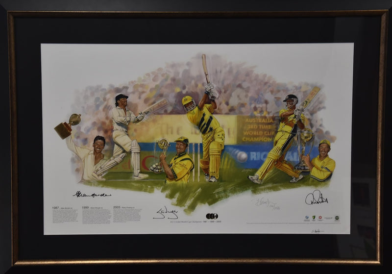 Load image into Gallery viewer, Australian 3 Time One Day World Cup Champions signed by Border, Waugh and Ponting!
