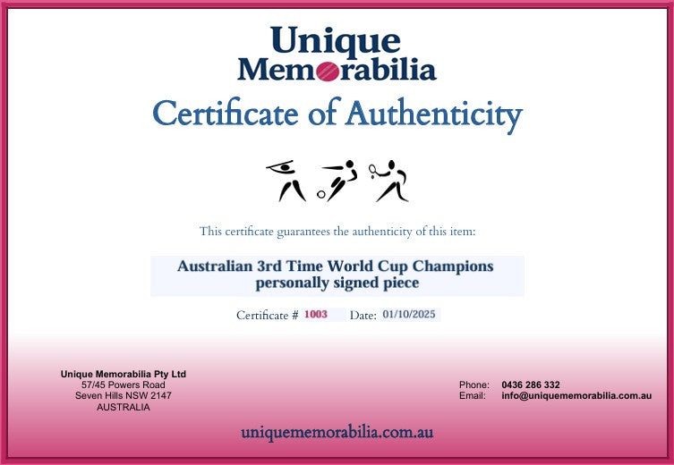 Load image into Gallery viewer, Certificate of Authenticity for Australian 3rd Time World Cup Champions, from Unique Memorabilia
