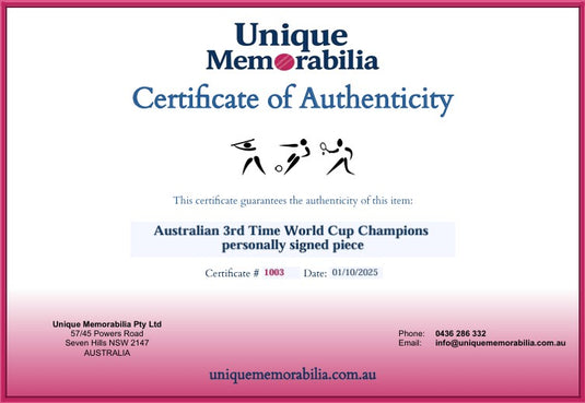 Certificate of Authenticity for Australian 3rd Time World Cup Champions, from Unique Memorabilia