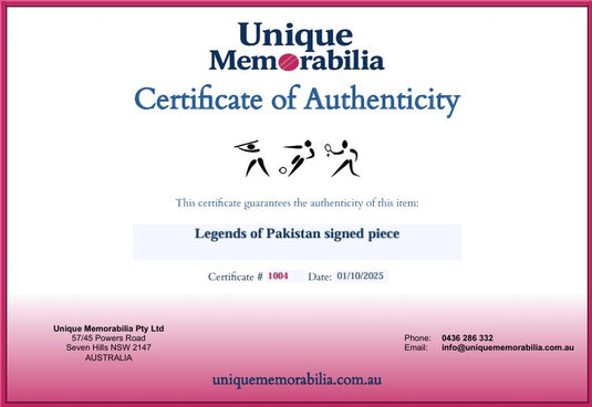 Certificate of Authenticity for a signed piece by Legends of Pakistan, from Unique Memorabilia. 