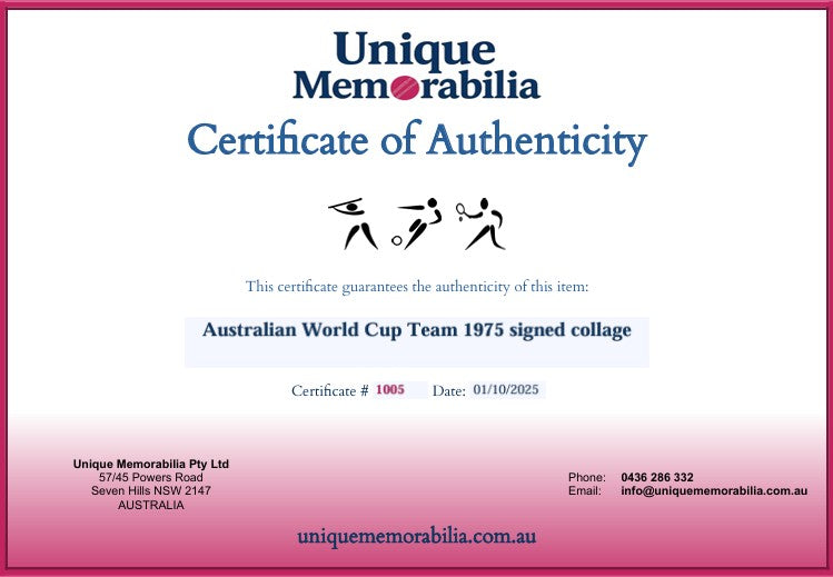 Load image into Gallery viewer, Certificate of Authenticity for an Australian World Cup Team 1975 team signed collage, from Unique Memorabilia
