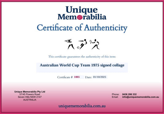 Certificate of Authenticity for an Australian World Cup Team 1975 team signed collage, from Unique Memorabilia