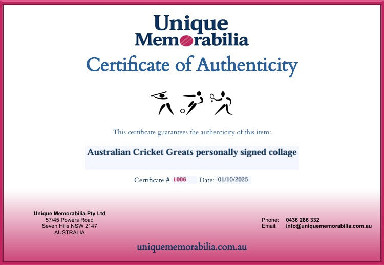 Load image into Gallery viewer, Certificate of Authenticity for an Australian Cricket Greats personally signed collage by Richie Benaud and others! From Unique Memorabilia. 
