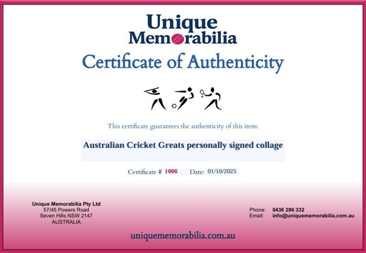 Certificate of Authenticity for an Australian Cricket Greats personally signed collage by Richie Benaud and others! From Unique Memorabilia. 