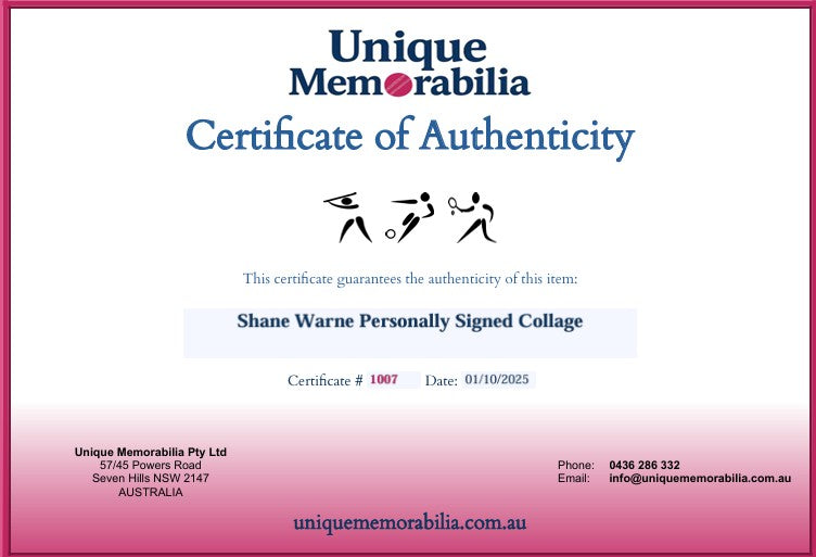 Load image into Gallery viewer, Certificate of Authenticity for a personally signed item by Shane Warne, from Unique Memorabilia. 

