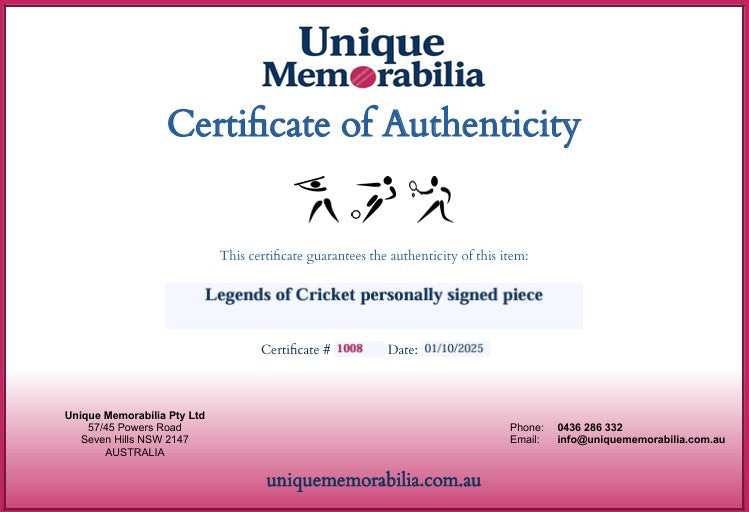 Load image into Gallery viewer, Certificate of Authenticity for a personally signed piece by Legends of Cricket, featuring Benaud and more! From Unique Memorabilia. 
