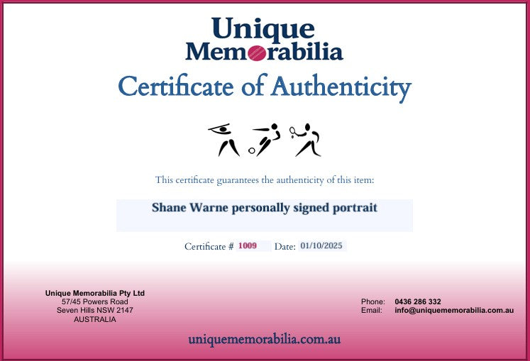 Load image into Gallery viewer, Unique Memorabilia Certificate of Authenticity for a Shane Warne personally signed portrait
