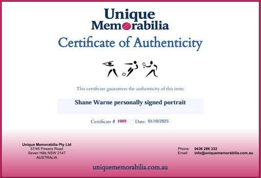 Unique Memorabilia Certificate of Authenticity for a Shane Warne personally signed portrait