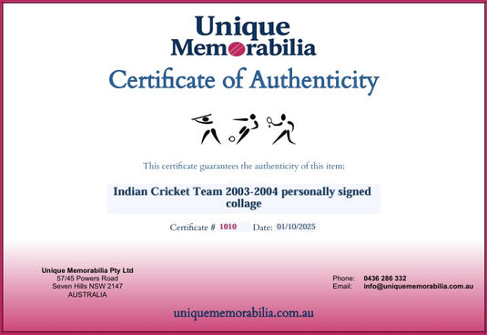 Certificate of Authenticity for the Indian Cricket Team 2003-2004 Personally Signed Collage including Tendulkar, Kumble and more! From Unique Memorabilia.