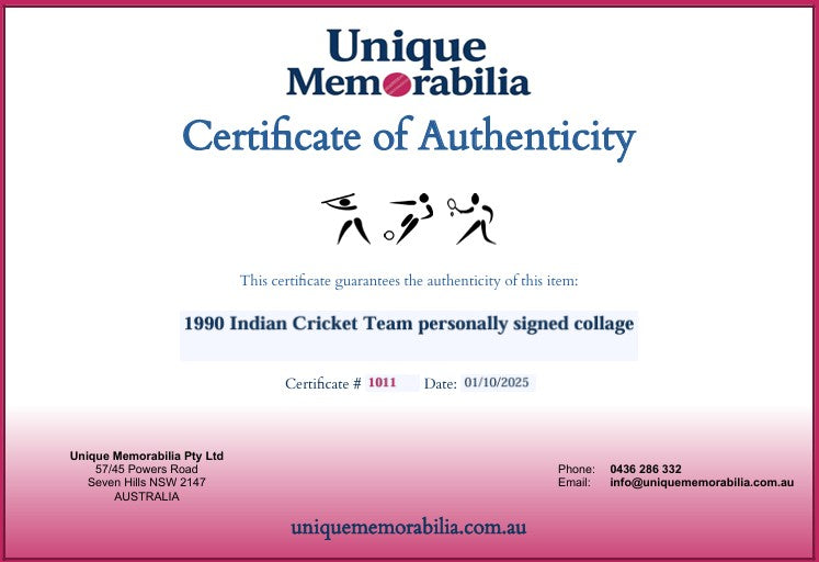 Load image into Gallery viewer, Certificate of Authenticity for a 1990 Indian Cricket Team personally signed collage from Unique Memorabilia.
