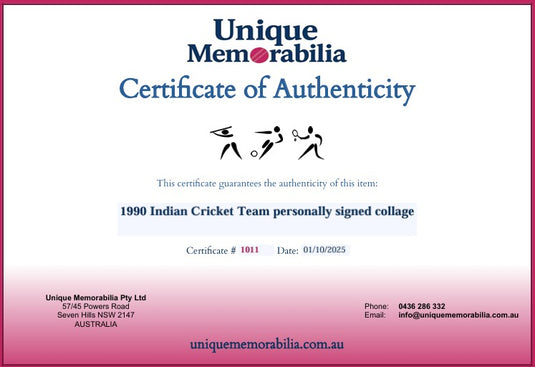 Certificate of Authenticity for a 1990 Indian Cricket Team personally signed collage from Unique Memorabilia.