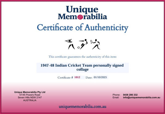 Certificate of Authenticity for a 1947-48 Indian Cricket Team personally signed collage, from Unique Memorabilia. 