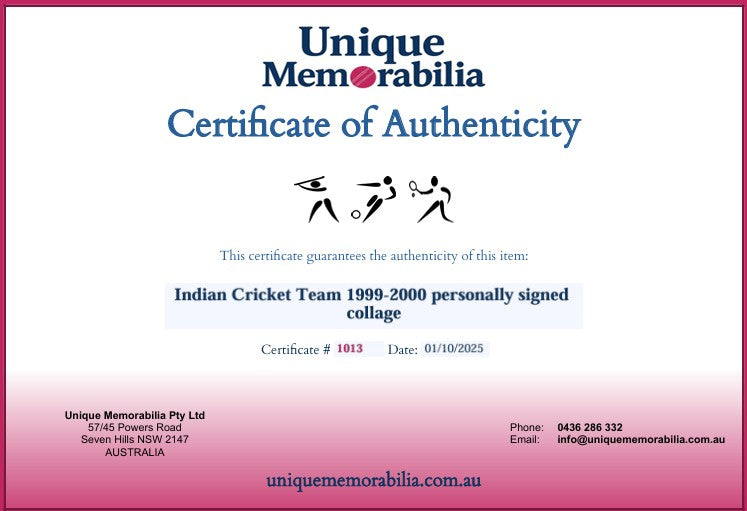 Load image into Gallery viewer, Certificate of Authenticity for the 1999-2000 Indian Cricket Team personally signed collage by Tendulkar, Dravid and more! From Unique Memorabilia
