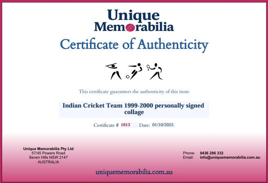 Certificate of Authenticity for the 1999-2000 Indian Cricket Team personally signed collage by Tendulkar, Dravid and more! From Unique Memorabilia