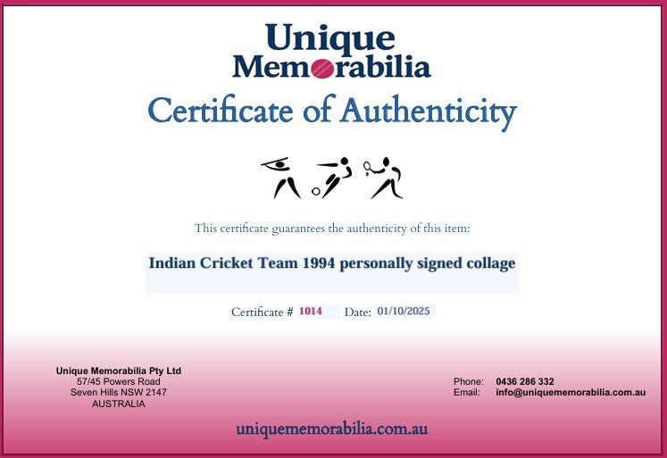 Load image into Gallery viewer, Certificate of Authenticity for the 1994 Indian Cricket Team personally signed collage from Unique Memorabilia.
