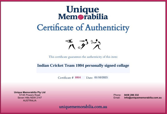 Certificate of Authenticity for the 1994 Indian Cricket Team personally signed collage from Unique Memorabilia.