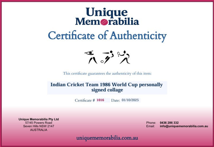Load image into Gallery viewer, Certificate of Authenticity for an Indian Cricket Team 1986 Personally Signed Collage, From Unique Memorabilia.
