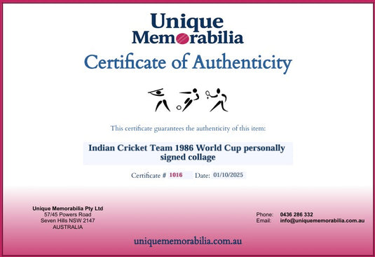 Certificate of Authenticity for an Indian Cricket Team 1986 Personally Signed Collage, From Unique Memorabilia.