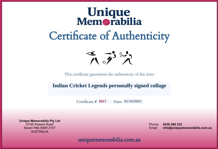 Load image into Gallery viewer, Certificate of Authenticity for the Indian Cricket Legends personally signed collage, by Unique Memorabilia.
