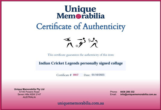 Certificate of Authenticity for the Indian Cricket Legends personally signed collage, by Unique Memorabilia.