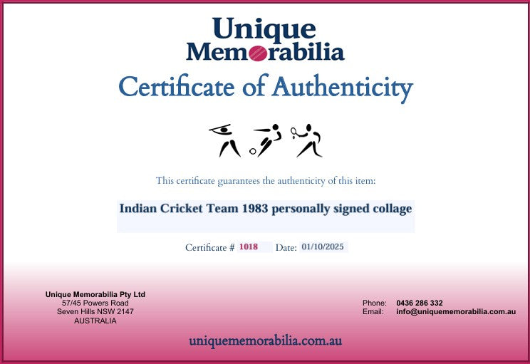 Load image into Gallery viewer, Certificate of Authenticity the Indian Cricket Team 1983 personally signed collage, from Unique Memorabilia.
