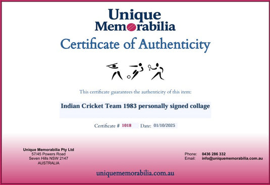 Certificate of Authenticity the Indian Cricket Team 1983 personally signed collage, from Unique Memorabilia.