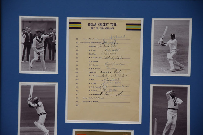 Load image into Gallery viewer, 1974 Indian Cricket Team signed collage, from Unique Memorabilia. 
