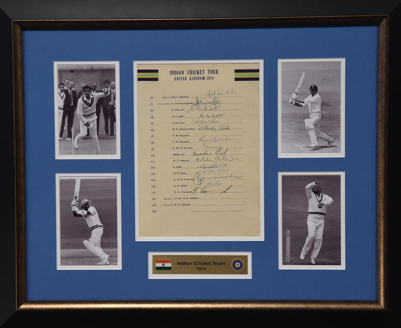 Load image into Gallery viewer, 1974 Indian Cricket Team signed collage, from Unique Memorabilia. 
