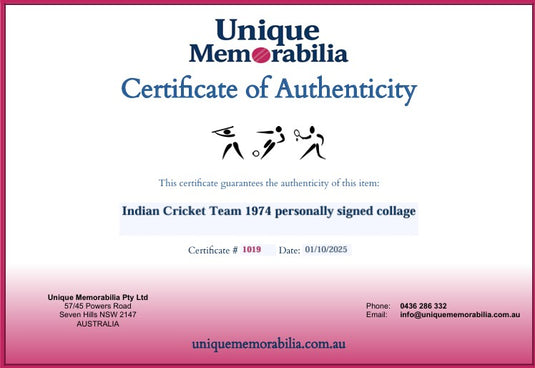 Certificate of Authenticity for the Indian Cricket Team 1974 personally signed collage, from Unique Memorabilia. 