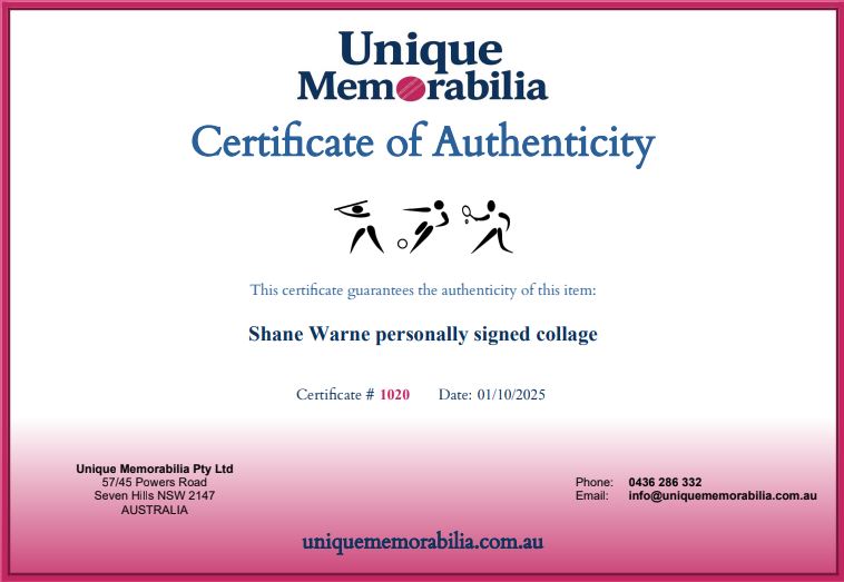 Load image into Gallery viewer, Certificate of Authenticity for Shane Warne personally signed collage, from Unique Memorabilia. 

