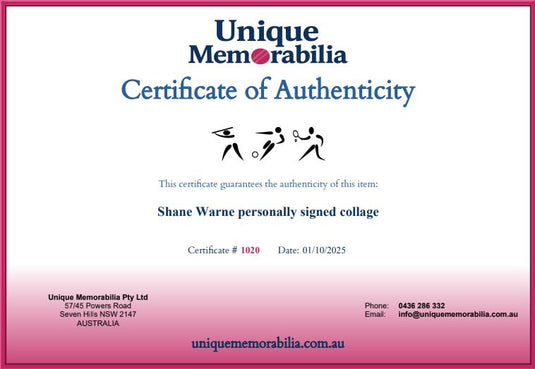 Certificate of Authenticity for Shane Warne personally signed collage, from Unique Memorabilia. 