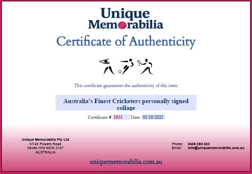 Certificate of Authenticity for a collection of Australia's Finest cricketers' signed collage, branded by 'Unique Memorabilia'.
