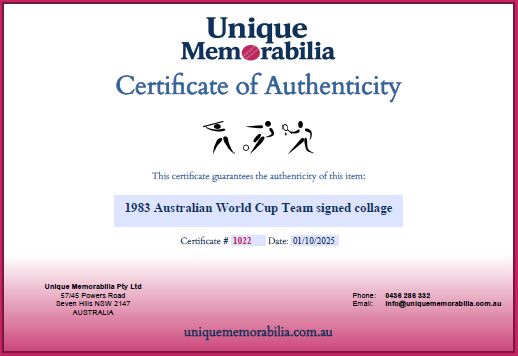 Certificate of Authenticity for a 1983 Australian World Cup Team signed collage, from Unique Memorabilia. 