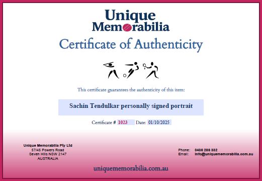 Certificate of Authenticity for a personally signed portrait by Sachin Tendulkar, from Unique Memorabilia. 