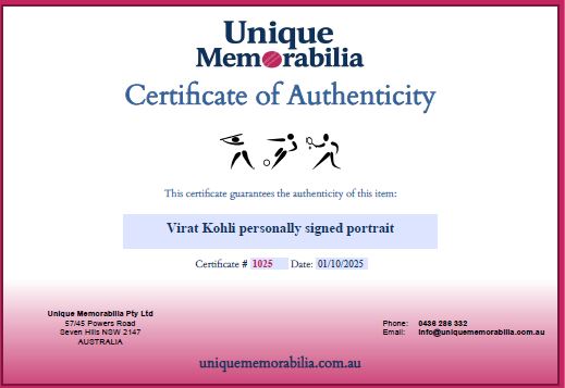 Load image into Gallery viewer, Certificate of Authenticity for a Virat Kohli personally signed portrait, from Unique Memorabilia.

