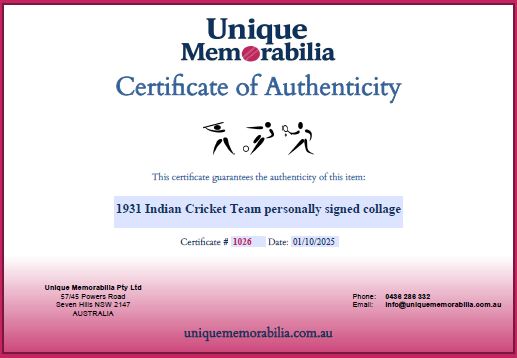 Certificate of Authenticity for the 1931 Indian Cricket Team personally signed collage, from Unique Memorabilia. 