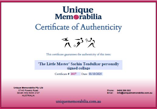 Load image into Gallery viewer, Certificate of Authenticity for &#39;The Little Master&#39; Sachin Tendulkar personally signed collage, from Unique Memorabilia. 
