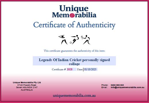 Load image into Gallery viewer, Certificate of Authenticity for  personally signed collage, Legends Of Indian Cricket, from Unique Memorabilia. 
